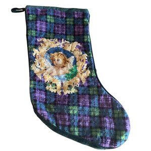 Vintage‎ Tartan Velvet Christmas Stocking Cherub Needlepoint Design 21”
